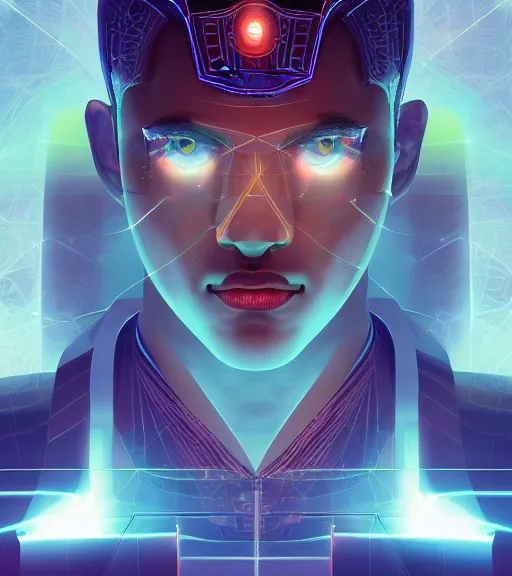 Image similar to symmetry!! egyptian prince of technology, solid cube of light, hard edges, product render retro - futuristic poster scifi, lasers and neon circuits, brown skin man egyptian prince, intricate, elegant, highly detailed, digital painting, artstation, concept art, smooth, sharp focus, illustration, dreamlike, art by artgerm