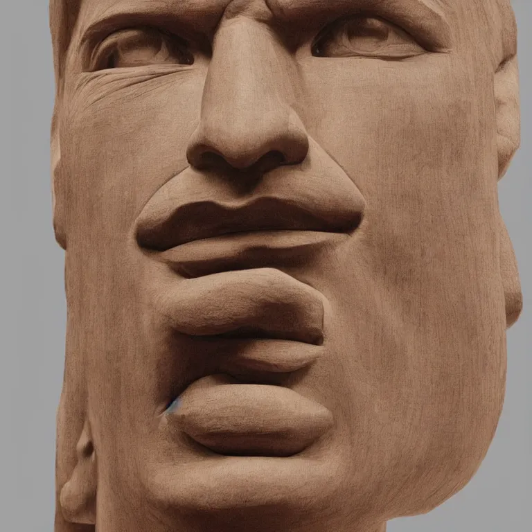 Image similar to monumental sculpture geometric minimalist!!! accurate portrait of chris hemsworth, beautiful symmetrical!! face accurate face detailed face realistic proportions, hand - carved out of red oak wood on a pedestal by stephan balkenhol and martin puryear, cinematic lighting shocking detail 8 k