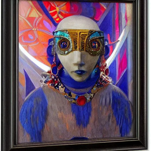 Prompt: the robot in her bejeweled bird mask, by Annie Swynnerton and Diego Rivera, symbolist, dramatic lighting, elaborate geometric ornament, Art Deco,god rays, soft cool colors,smooth, sharp focus, extremely detailed, Adolf Wölfli