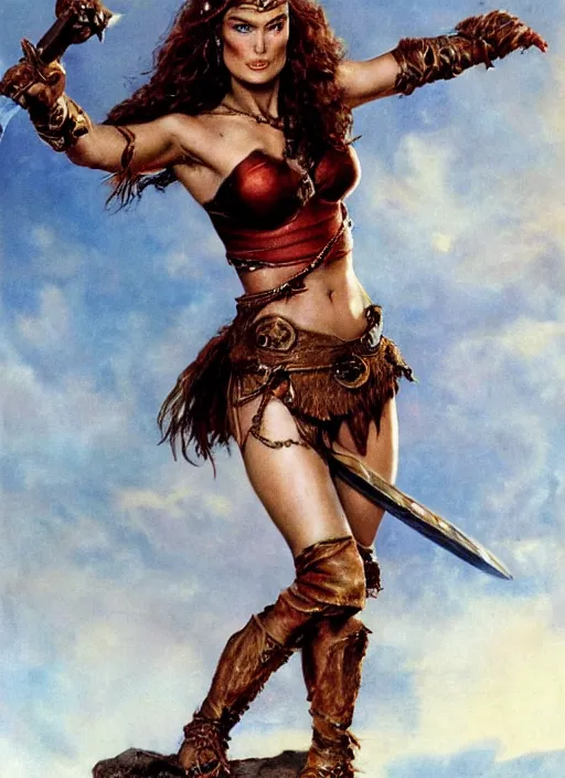 Image similar to Portrait of Keira Knightley as Red Sonja, painted by Frank Frazetta, highly detailed, 8k