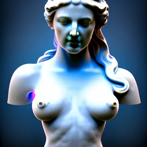 Image similar to sci - fi cgartist wide shot anaglyph ambient occlusion rendering of a hyper realistic marble greek statuary beautiful goddess glowing with embedded leds head product photo high key colored lighting, trending on artstation volumetric lighting
