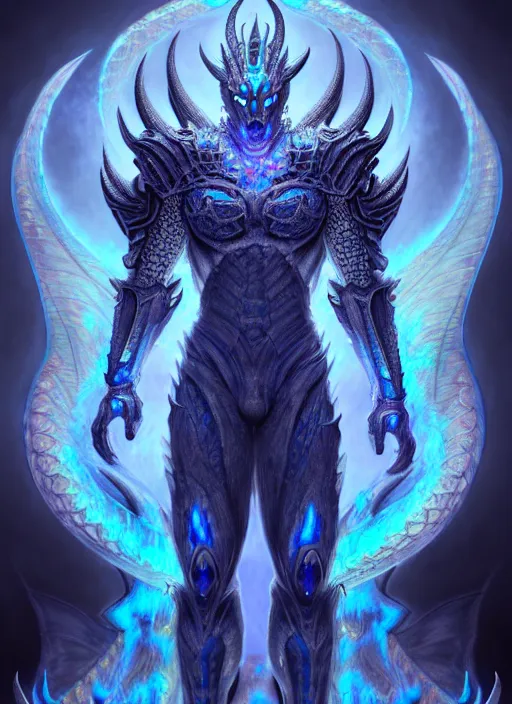 Image similar to muscular and tall blue ghostly fire humanoid dragon!!!! draconian!! intricate ornate iridescent heavy armor!! character concept art, sharp focus, octane render! unreal engine 5! highly rendered!! trending on artstation!! detailed linework!! illustration by artgerm, wlop, and chie yoshii