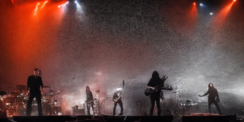 Image similar to dusty Trent Reznor smashing guitars, group of people on stage playing instruments, elaborate stage effects, dust, smoke, giant LED screens, colored projections, ultrafine detail, goth cybersuit, glowing thin wires, smoke, high contrast, projections, a screenshot by David Gilmour Blythe, holography, tesseract, volumetric lighting, anamorphic lens flare