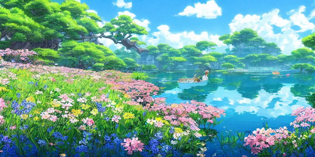 Prompt: a beautiful lake with blooming flowers, fantasy art, 2 d game art, by studio ghibli