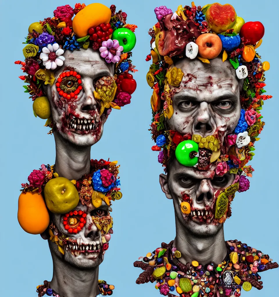 Prompt: portrait headshot of a zombie punk, head made of fruit gems and flowers in the style of arcimboldo, john currin, photorealistic, dynamic lighting, action figure, clay sculpture, claymation, dull blue cloudy background,