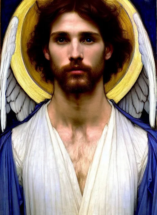 Image similar to portrait of beautiful male archangel in white robes with blue light streaming down from heaven, pre - raphaelite painting by john william waterhouse, trending on artstation. highly detailed, symmetrical face.