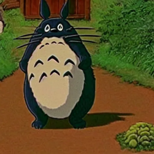 Prompt: a screenshot of Danny Devito as a character in My Neighbor Totoro (1988)