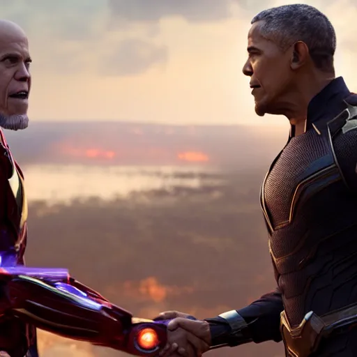 Prompt: a still film of avengers infinity war, obama shaking hands with thanos, 8K, HD