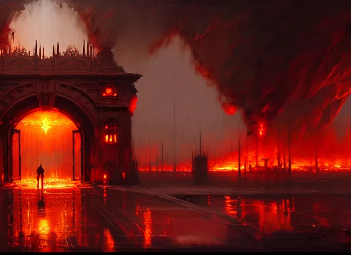 Image similar to huge gate, environment, illustration, fire, smoky, red, colors, epic scene, by craig mullins, symmetrical, golden raito, high quality, intricate details, details, intricate, atmosphere, highly detailed, matte painting, cinematic, deviantart, realistic, concept art, 4 k