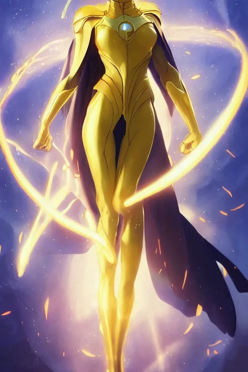 Image similar to anime key visual of a beautiful young female doctor fate!! intricate, cape, glowing, powers, dc comics, cinematic, stunning, highly detailed, digital painting, artstation, smooth, hard focus, illustration, art by artgerm and greg rutkowski and alphonse mucha