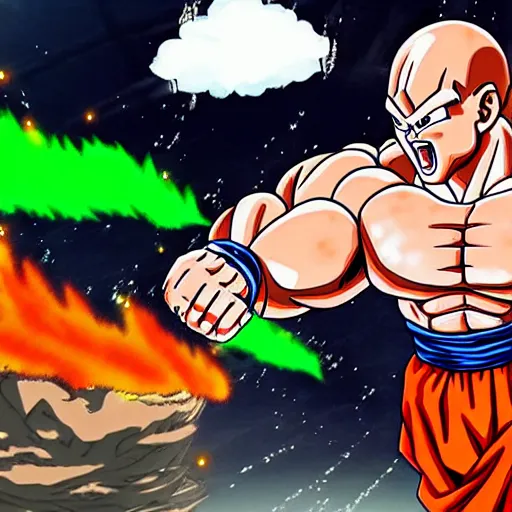 Prompt: alexander lukashenko fighting in dragonball z, anime, muscles, hard shadows,