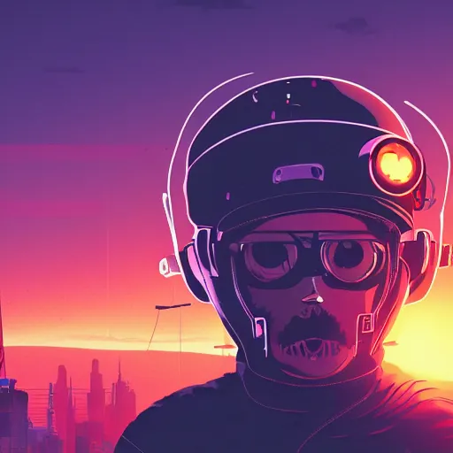 Image similar to in the style of max prentis and deathburger and laurie greasley a close up of a young explorer wearing a cyberpunk headpiece sitting on the head of a giant robot watching the sunset in the distance, highly detailed, 8k wallpaper