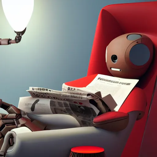 Prompt: futuristic lonely matte brown and red full-body humanoid robot with two huge round expressive sad LED eyes and open rectangular mouth sitting on a large comfortable cushioned 1950s vintage recliner reading a newspaper. open newspaper. Cinematic Lighting, Cinematic Movie Photograph, Arri Alexa, Extremely Detailed, smooth, very very clean, 8K, octane render, maya render, unreal engine, trending on artstation, DSLR, excellent composition, center frame