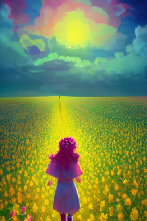 Prompt: giant flower head, girl walking in a flower field, surreal photography, sunrise, dramatic light, impressionist painting, colorful clouds, digital painting, artstation, simon stalenhag