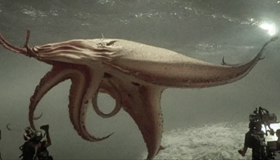 Prompt: big budget movie about a giant squid armed with machine guns going on a rampage