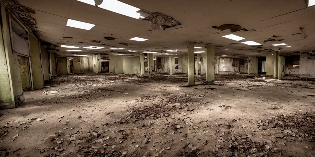 Image similar to interior of an abandoned 1990s MCdonald's,creepy atmosphere