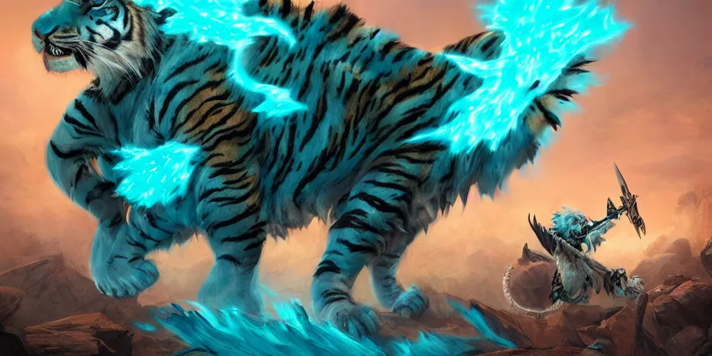 Image similar to Ghostly tiger made out of turquoise energy creature character design sheet, Monster Hunter Illustrations art book, Bright sparks, claws, huge sabertooth fangs, Moebius, Greg Rutkowski, Zabrocki, Karlkka, Jayison Devadas, Phuoc Quan, trending on Artstation, 8K, ultra wide angle, zenith view, pincushion lens effect.