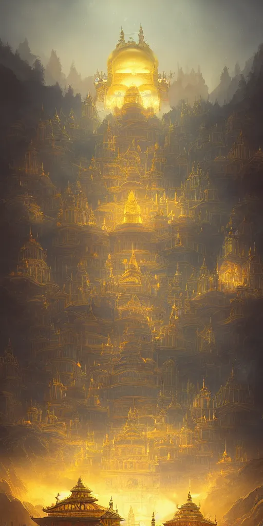 Prompt: Detailed exterior of Ancient Glowing Golden Temple, Peaceful Landscape, Rising Planet, stunning atmosphere, in Style of Peter Mohrbacher, cinematic lighting