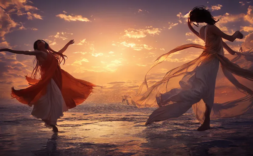 Prompt: Himalayan priestess dancing on water, beautiful flowing fabric, sunset, dramatic angle, 8k hdr pixiv dslr photo by Makoto Shinkai and Wojtek Fus