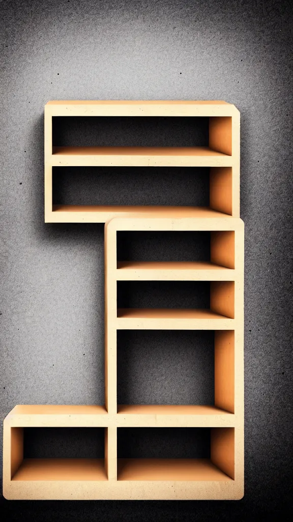 Image similar to hyper realistic one point perspective of wooden book shelf with concrete background