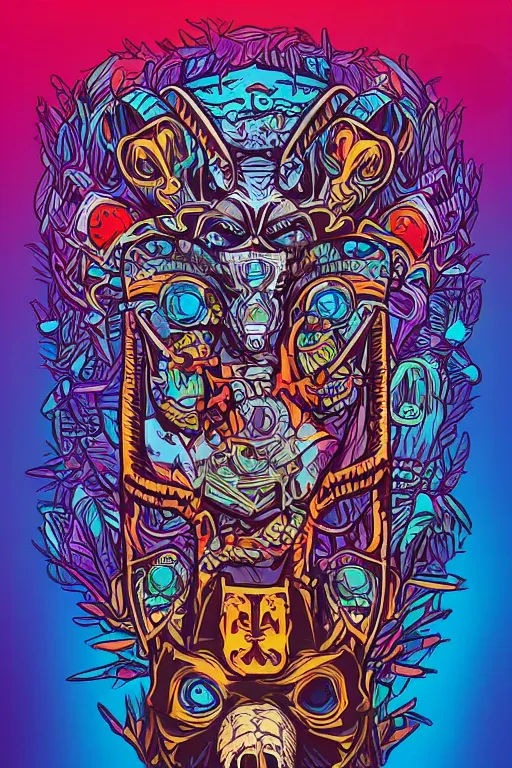 Image similar to totem animal mask tribal feather gemstone plant wood rock shaman vodoo video game vector illustration vivid multicolor borderlands comics by josan gonzales and dan mumford radiating a glowing aura