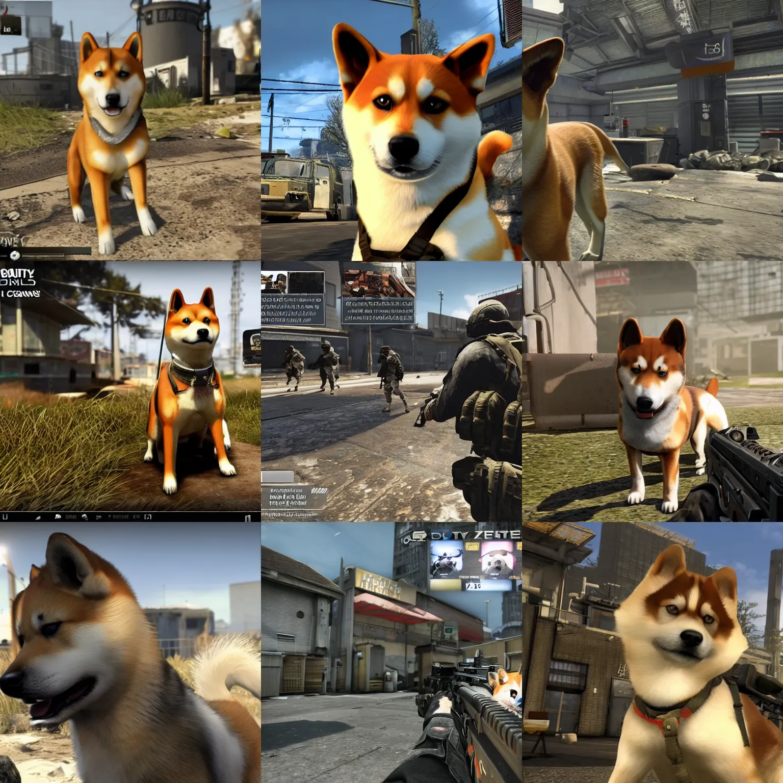 Prompt: in game screenshot of a shiba inu dog in call of duty
