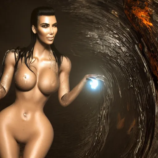 Image similar to epic still of a kim kardashian with trapped in a transparent alien liquid, wet flowing hair, gooey skin, illustration, unreal engine 5, 8 k, made by h. r. giger