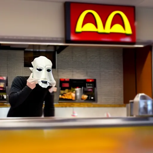 Image similar to photograph of a man with a steak head begging for food at mc donalds, 8k resolution, high detail, ULTRA REALISTIC VFX, reflections