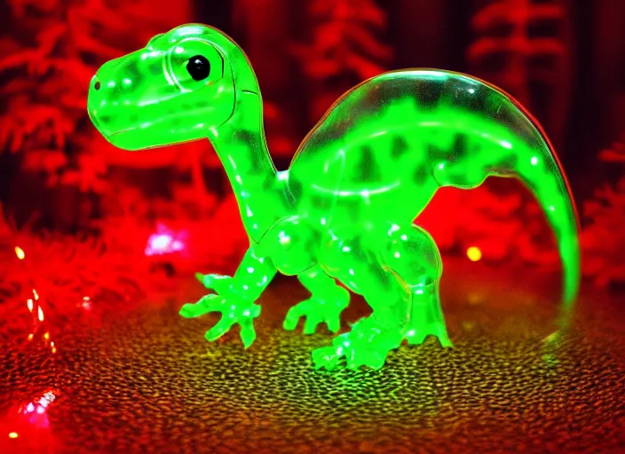 Image similar to photo of a translucent clear chibi style baby dinosaur with symmetrical head and eyes, made out of clear plastic, but has red hypercolor glowing electric energy inside its body, and electricity flowing around the body. in the forest, fantasy tron. highly detailed. intricate design by pixar