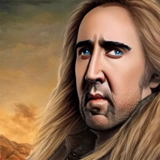 Prompt: nicolas cage with long flowing blond hair as a D&D character