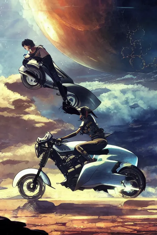 Image similar to akira riding a futuristic motorcycle on an abandonment planet, high intricate details, rule of thirds, golden ratio, cinematic light, 8 k, octane render, anime style, graphic novel by fiona staples and dustin nguyen, art by beaststars and orange, peter elson, alan bean, studio ghibli, makoto shinkai