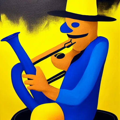 Image similar to man in a yellow costume, yellow hat, holding a saxophone, smoking a cigarette, blue skin, blue smoke, black background, sitting, painting, artwork, meditative