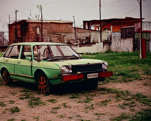 Image similar to a lomographic photo of old lada 2 1 0 7 concept car standing in typical soviet yard in small town, hrushevka on background, cinestill, bokeh