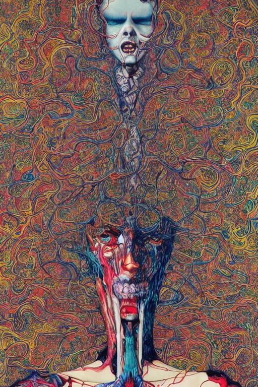 Prompt: body breaking apart, life like conjuring psychedelic illustration by shintaro kago, ultra realistic, highly detailed, hypermaximalist, symmetrical, rich deep colors. beksinski painting, part by adrian ghenie and gerhard richter. art by takato yamamoto. masterpiece