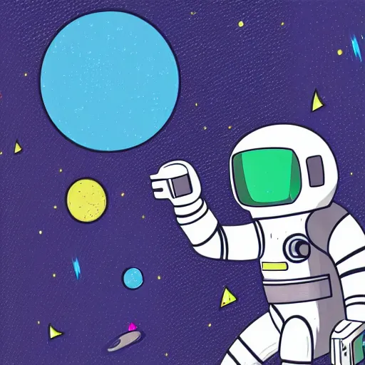 Prompt: Medium shot of a futuristic astronaut relaxing in space, digital art, cartoon art, minimalistic, illustration, line art, modern art,