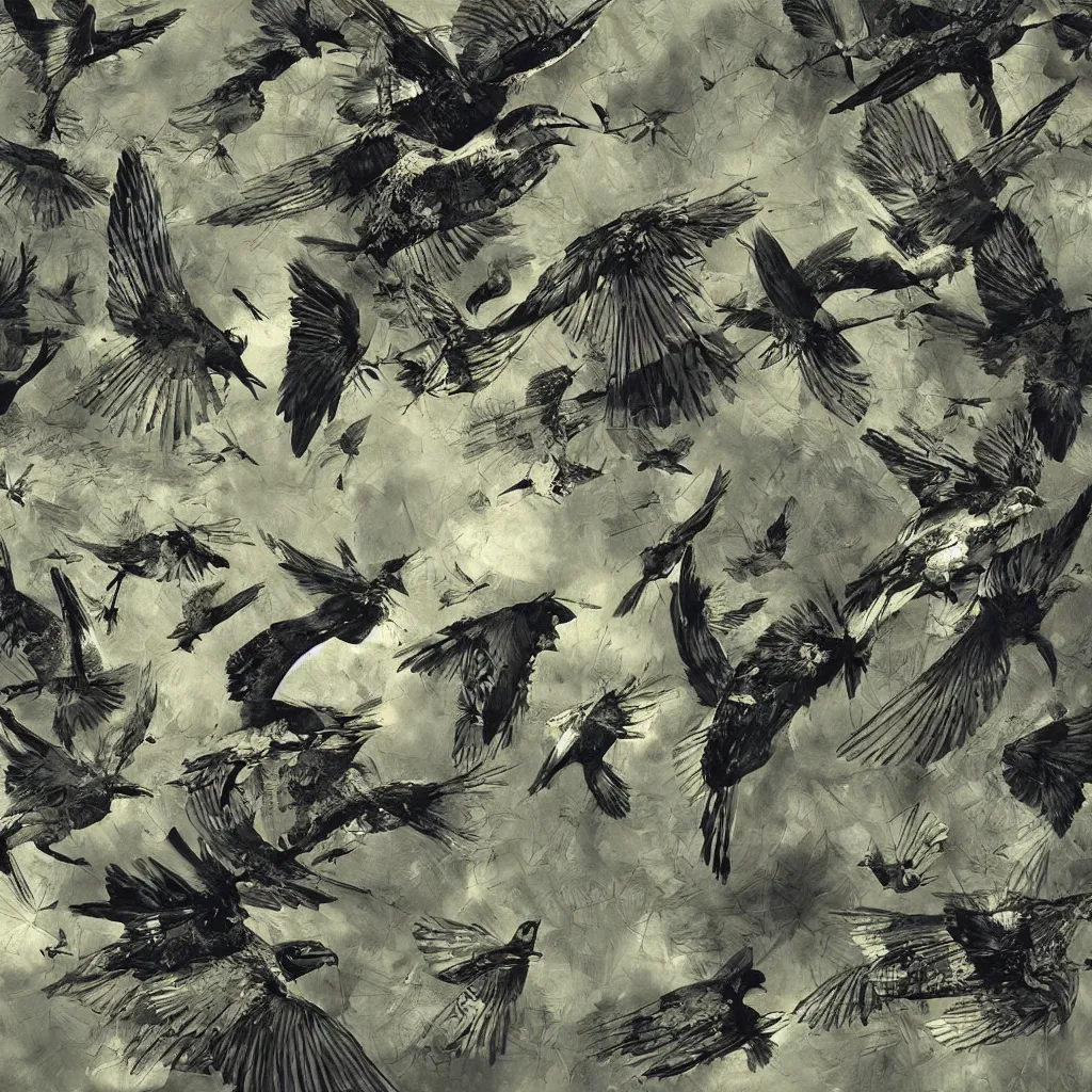 Prompt: digital birds fly over a progressively rasterized, oil on canvas by dave mckean and ivan shishkin