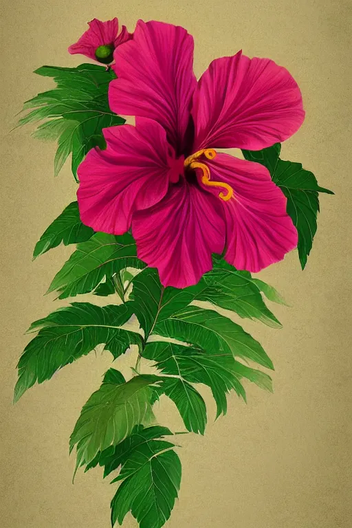 Prompt: beautiful digital matter cinematic painting of whimsical botanical illustration of hibiscus whimsical by greg rutkowki artstation