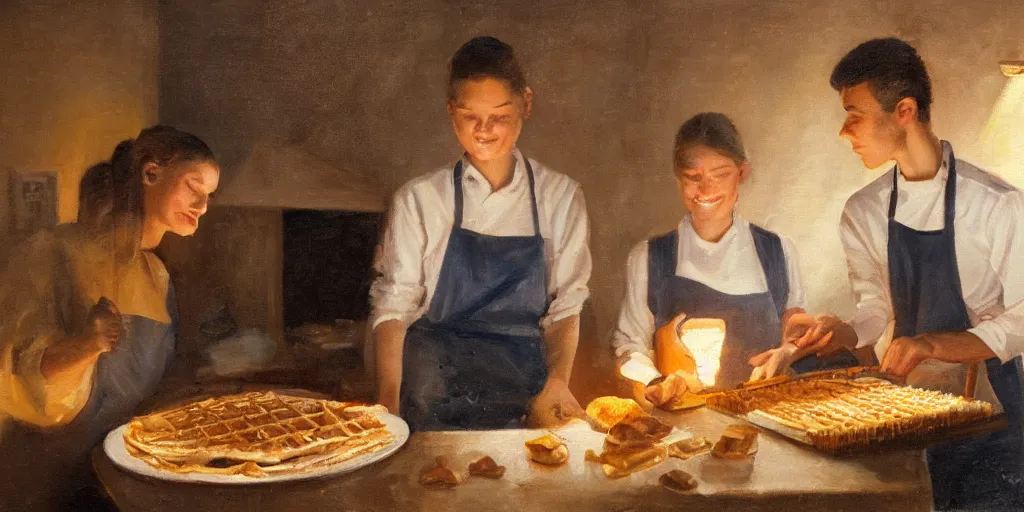 Prompt: oil painting of one young man and one young woman baking waffles in romantic light