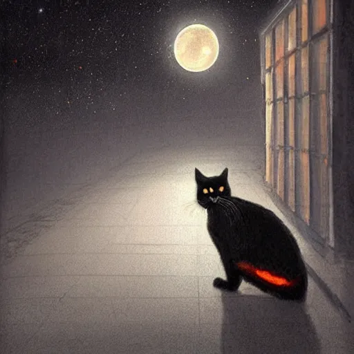 Image similar to an hyper detailed black cat with orange eyes walking through the road during the night under the light of the streetlights and looking at the moon. Realistic. High detail. Hyper realistic artwork By Diego Fazio