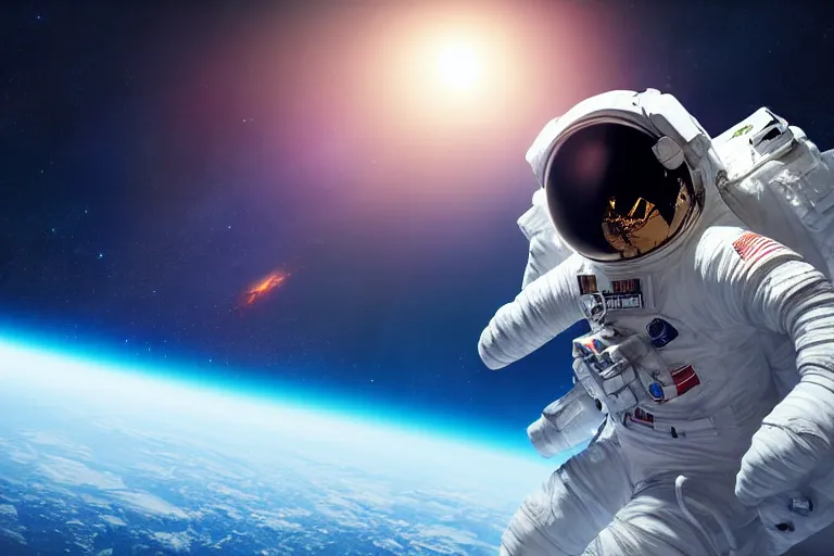 Image similar to astronaut in space wearing a spacesuit floating, meteor hitting earth in background, highly detailed, photorealistic portrait, bright studio setting, studio lighting, crisp quality and light reflections, unreal engine 5 quality render