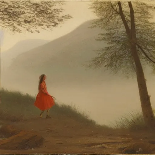 Prompt: girl dancing in front of a river, alone in the wilderness, foggy, misty morning, early spring, boreal forest, 19th century,