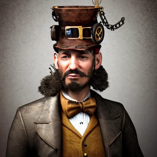 Prompt: a steampunk man, aged 4 0, wearing a steampunk hat made of junk, photo realistic, octane render, trending on artstation