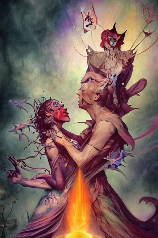 Image similar to an illustrated tarot card of The lovers based on the original rider waite tarot deck, full of colors, evil, satanic, high contrast, on old paper, insane details, concept art, elegant, unreal 5, CGSociety, hyperrealistic, octane render, by Peter Mohrbacher and Greg Rutkowski and brian froud and Craig Mullins, RPG portrait, dynamic lighting