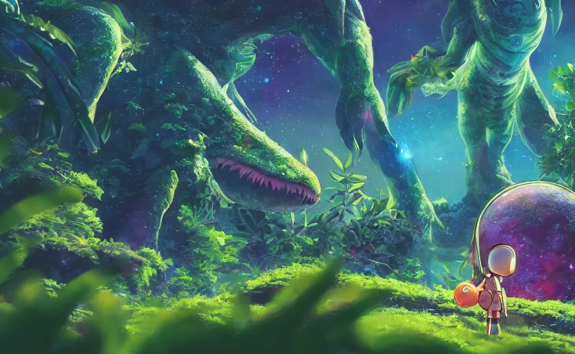 Image similar to a still of a cute adorable tiny astronaut, on a planet of lush colorful foliage, with an enormous kaiju space dragon surrounding the full background, magical forest, sharp focus, neon backlit, highly detailed, disney pixar studio ghibli makoto shinkai, digital painting, matte, octane render, global illumination, iridescent, anime, 8 k concept art