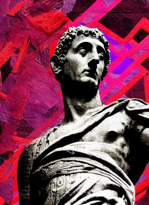 Image similar to black background with subtle red and purple design elements, statue of julius caesar, nekro, collage art, thin lines, dark, glitch art, neo vaporwave, gritty, layout frame, trending on artstation