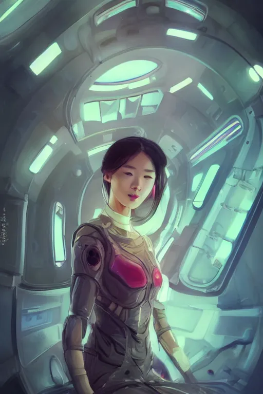 Image similar to portrait futuristic beautiful Asian trending on artbreeder Airforce armored pilot Girl, at inside of future fighter aircraft, ssci-fi, fantasy, intricate, very very beautiful, elegant, human anatomy, neon light, highly detailed, digital painting, artstation, concept art, soft light, smooth, sharp focus, illustration, art by tian zi and WLOP and alphonse mucha