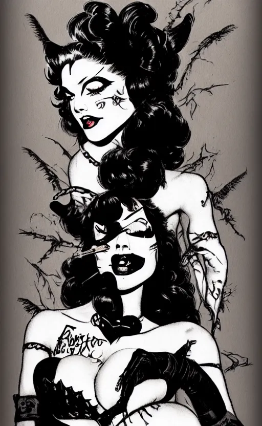 Prompt: of a goth girl burlesque psychobilly, rockabilly, punk, black hair, detailed face, white background, drawing, zoomed out, full body, illustration by frank frazetta