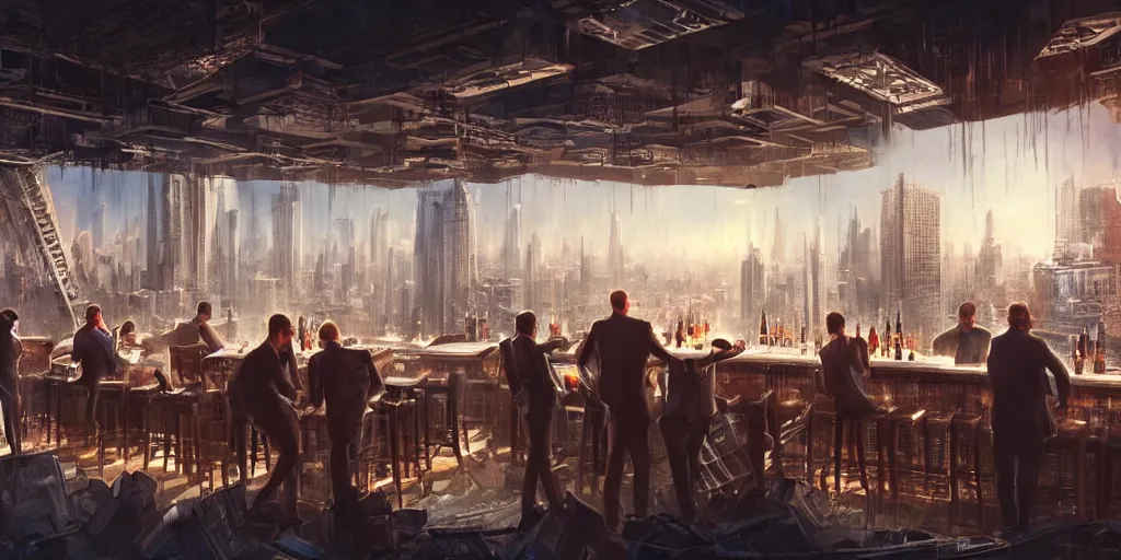 Prompt: an intricate concept art of a few rich people drinking in a bar on top of a building overlooking a towering destroyed megastructure city, sci-fi, cinematic lighting, hyper realistic, art by dylan cole, detailed matte painting, digital art