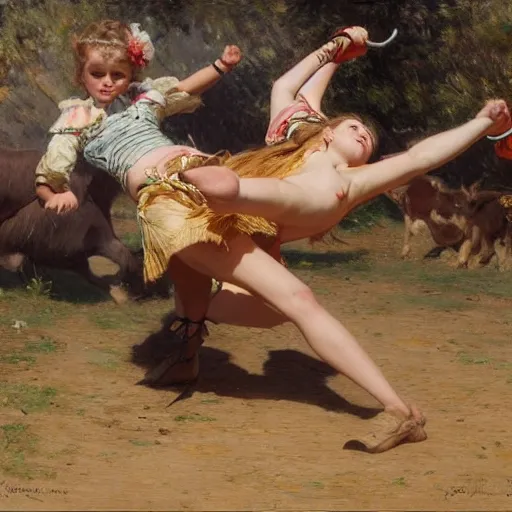 Prompt: a young girl killing a bull in a fight, highly detailed painting by gaston bussiere and j. c. leyendecker 8 k