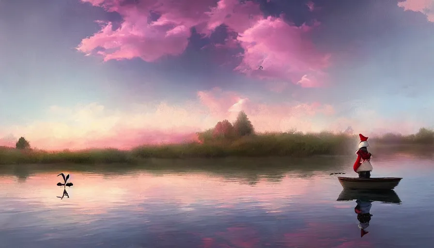 Image similar to a garden gnome sails across a pond in a bucket, dramatic pink clouds, blue sky, jessica rossier, art station